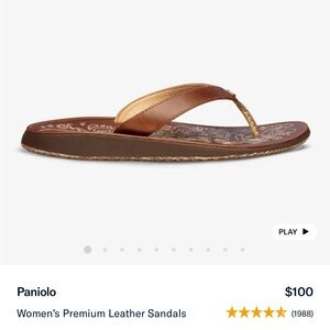 OluKai Paniolo Brown Leather Flip Flops with Embroidered  sz 8 Boho Beachy surf